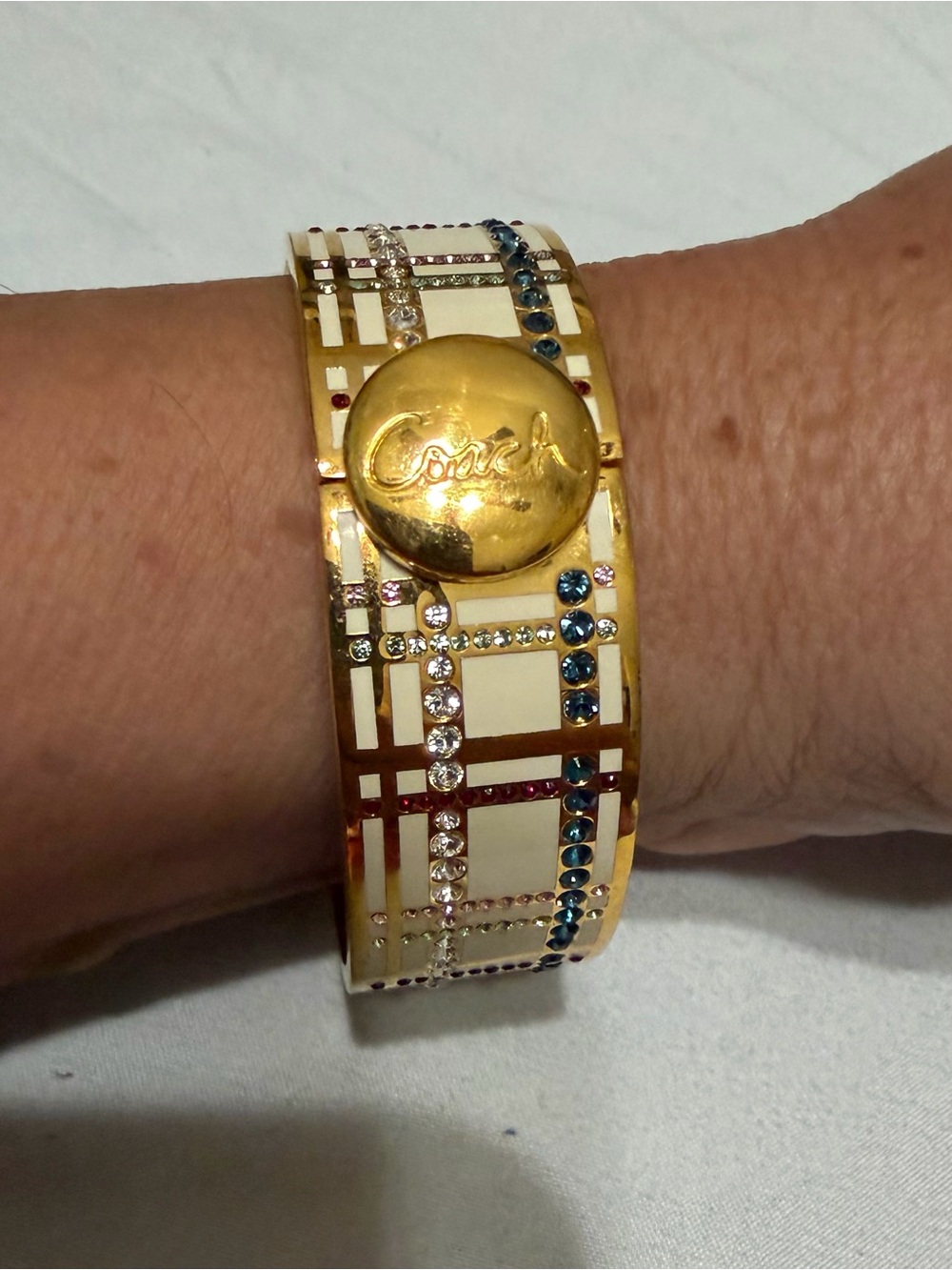 Coach Gold Tattersall Enamel Bangle Bracelet with Multicolor Crystals